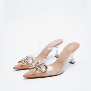 NEW! Zara Clear Vinyl Mules Crystal Diamond Bows 37 6 1/2